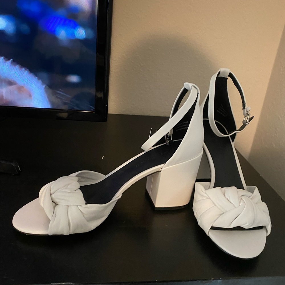 Rebecca Minkoff white leather block heels